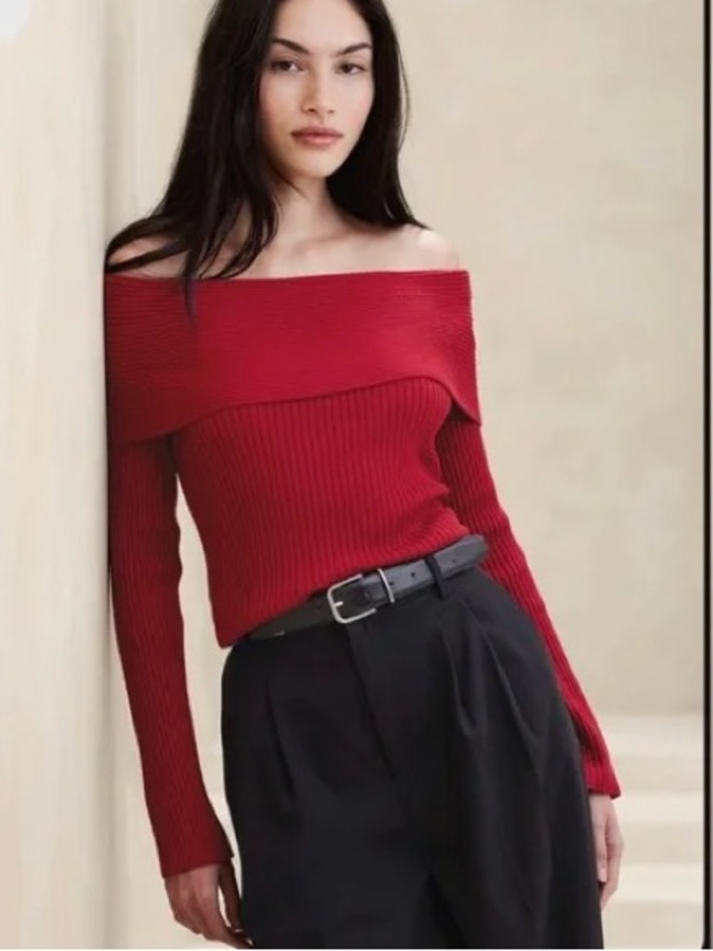 Banana Republic Off-the-Shoulder Ribbed Sweater in Red